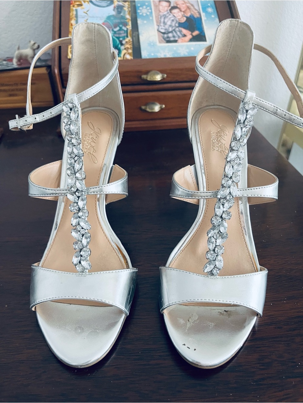 Jewel Badgley Mischka Silver Jeweled T-Strap Heels